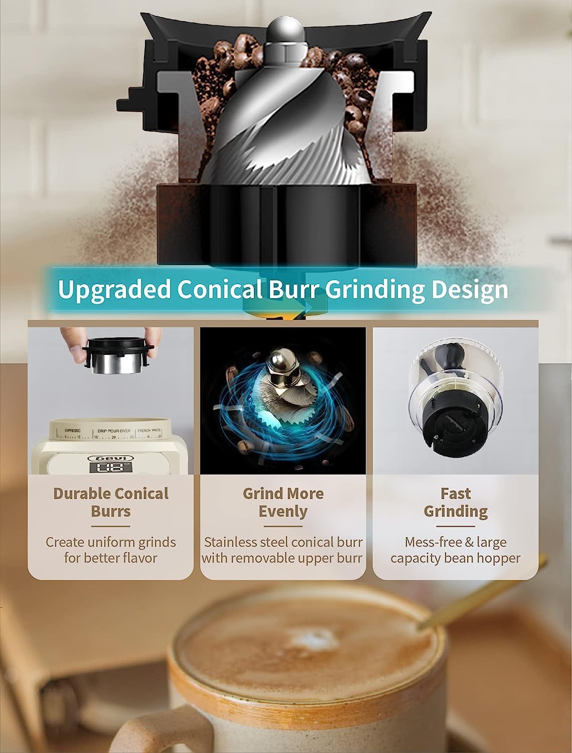 Gevi 20 Bar Compact Professional Espresso Coffee Machine with Milk Frother for Espresso, Latte and Cappuccino Burr Coffee Grinder with 35 Precise Grind Settings, Beige