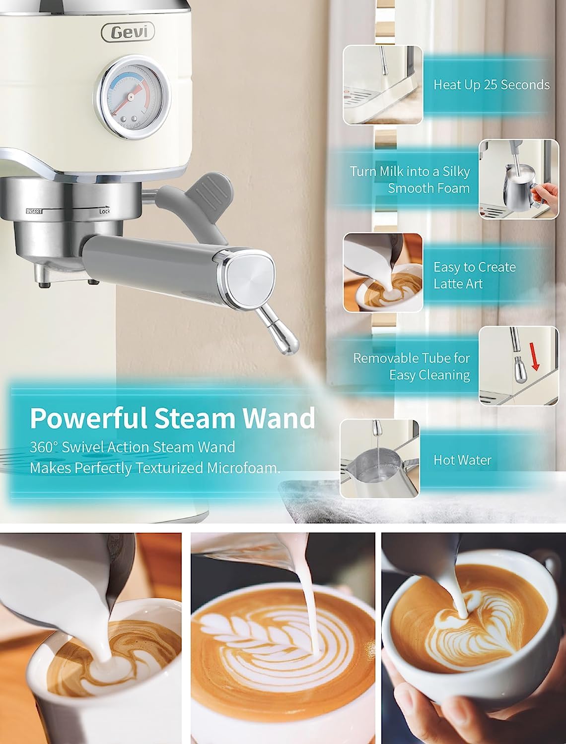 Gevi 20 Bar Compact Professional Espresso Coffee Machine with Milk Frother for Espresso, Latte and Cappuccino Burr Coffee Grinder with 35 Precise Grind Settings, Beige