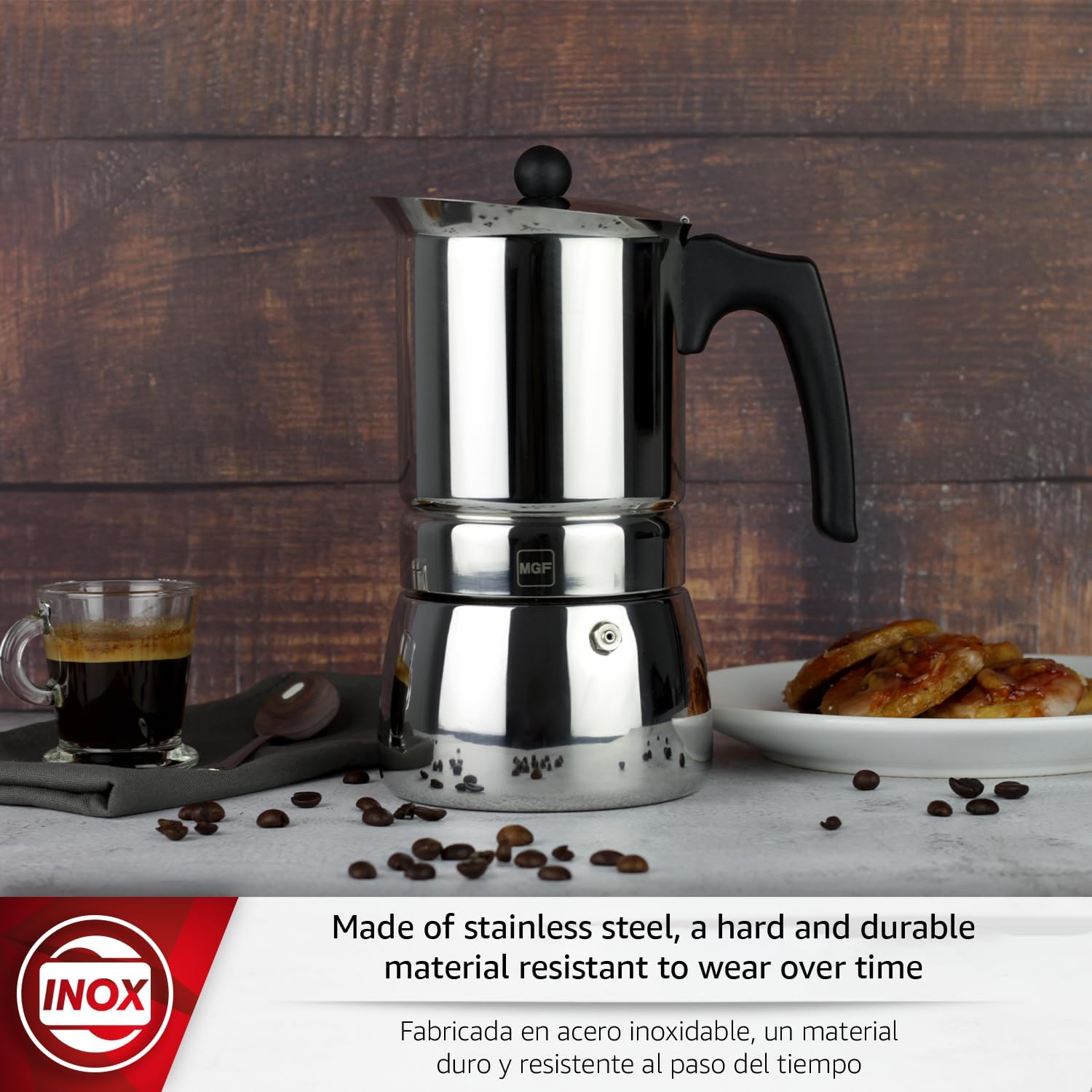 Magefesa Genova Stovetop Espresso Maker, 6 Cups/10 oz, 18/10 Stainless Steel Moka Pot, Italian Greca Coffee Maker, Suitable for Induction