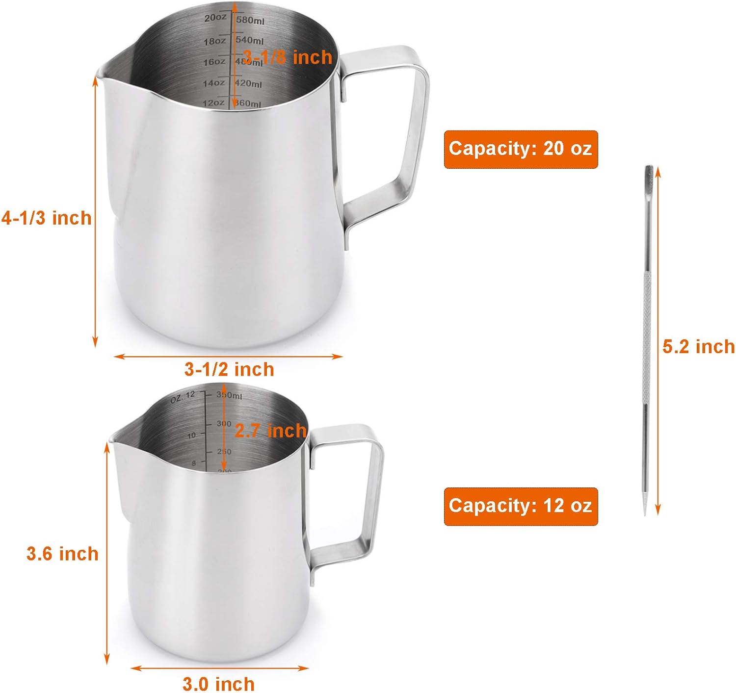 Nicunom 2 Pack Milk Frothing Pitcher, 12oz  20oz Espresso Steaming Pitcher, Stainless Steel Milk Frother Steamer Cup, Perfect for Espresso Coffee Cappuccino Latte Art, Tick Mark Inside
