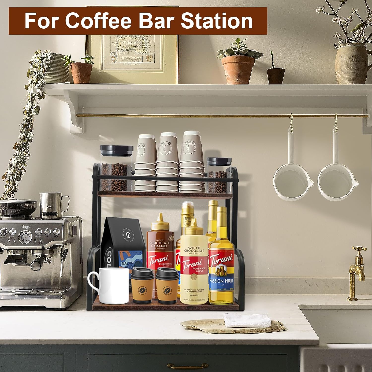 2 Tier Coffee Station Organizer Shelf,Wooden Countertop Coffee Storage Rack,Counter Coffee Storage Holder Stand for Coffee Codiment,Syrup,Mugs,Creamer 2 Tier Coffee Station Organizer Shelf,Wooden Countertop Coffee Storage Rack,Counter Coffee Storage Holder Stand for Coffee Codiment,Syrup,Mugs,Creamer