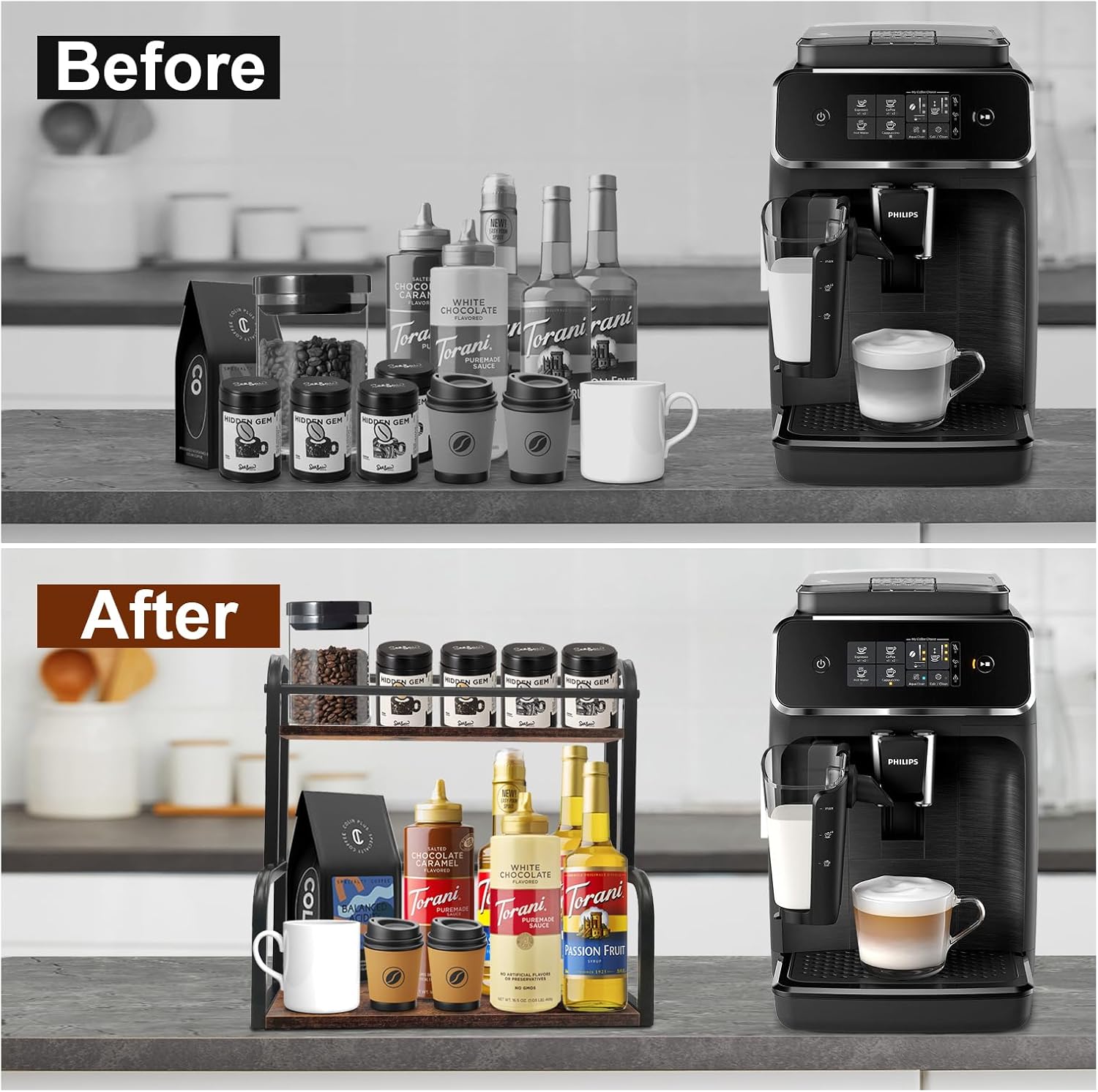 2 Tier Coffee Station Organizer Shelf,Wooden Countertop Coffee Storage Rack,Counter Coffee Storage Holder Stand for Coffee Codiment,Syrup,Mugs,Creamer 2 Tier Coffee Station Organizer Shelf,Wooden Countertop Coffee Storage Rack,Counter Coffee Storage Holder Stand for Coffee Codiment,Syrup,Mugs,Creamer