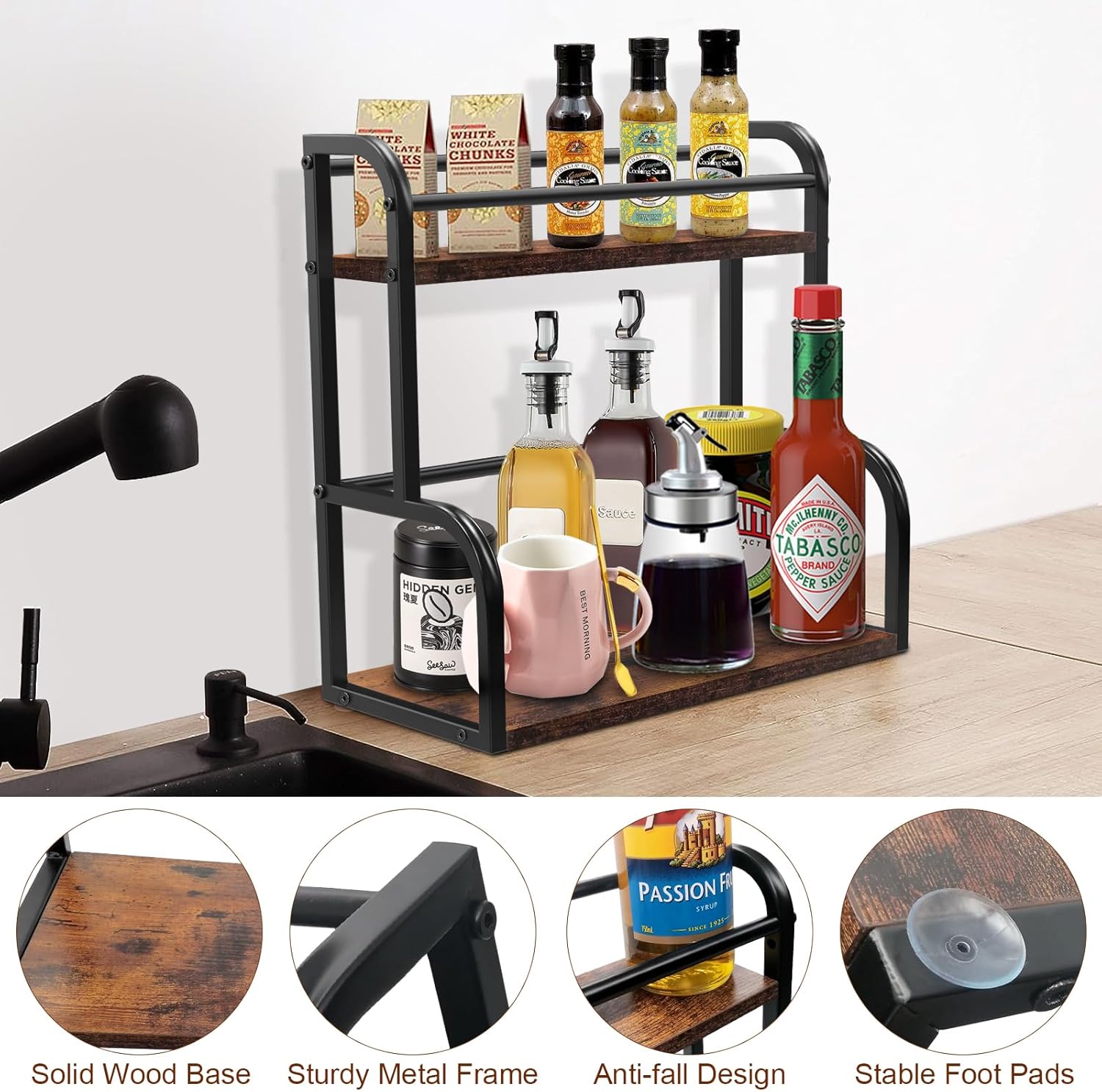 2 Tier Coffee Station Organizer Shelf,Wooden Countertop Coffee Storage Rack,Counter Coffee Storage Holder Stand for Coffee Codiment,Syrup,Mugs,Creamer 2 Tier Coffee Station Organizer Shelf,Wooden Countertop Coffee Storage Rack,Counter Coffee Storage Holder Stand for Coffee Codiment,Syrup,Mugs,Creamer