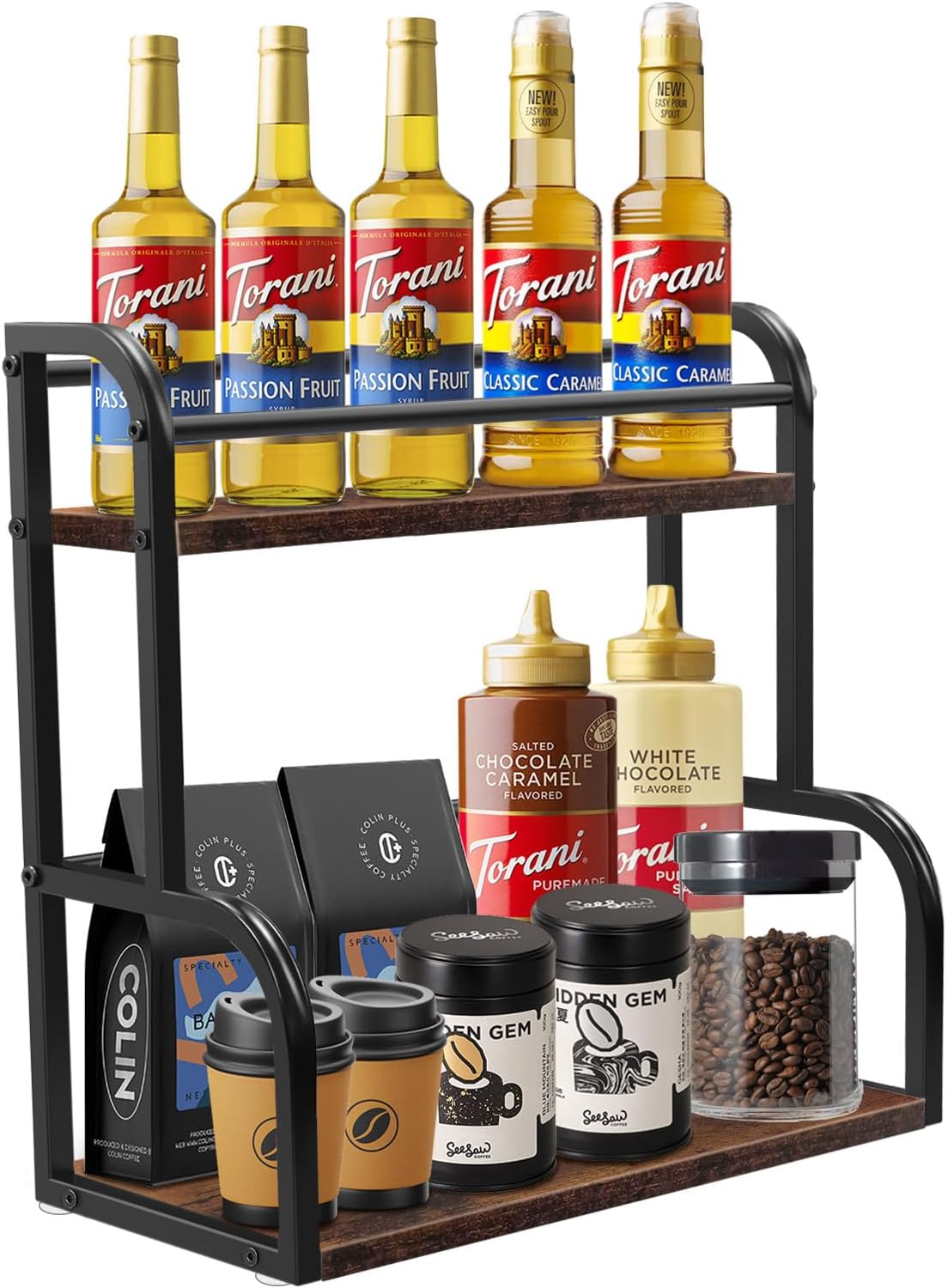 2 Tier Coffee Station Organizer Shelf,Wooden Countertop Coffee Storage Rack,Counter Coffee Storage Holder Stand for Coffee Codiment,Syrup,Mugs,Creamer 2 Tier Coffee Station Organizer Shelf,Wooden Countertop Coffee Storage Rack,Counter Coffee Storage Holder Stand for Coffee Codiment,Syrup,Mugs,Creamer