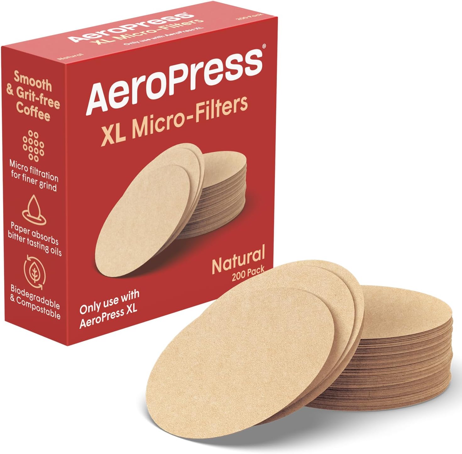 AeroPress XL Coffee Maker Natural Paper Micro-Filters – Round Replacement Coffee Filters, Unbleached, Compostable Paper Filters, Fits XL Size AeroPress Coffee Makers, 200 Count AeroPress XL Coffee Maker Natural Paper Micro-Filters – Round Replacement Coffee Filters, Unbleached, Compostable Paper Filters, Fits XL Size AeroPress Coffee Makers, 200 Count