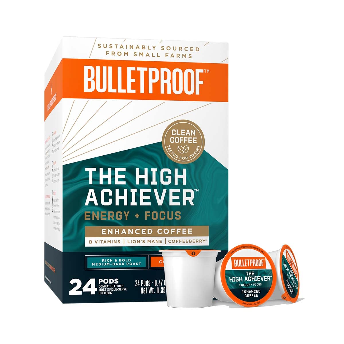 Bulletproof The High Achiever Single-Serve Pods, 10 count, Medium-Dark Roast Enhanced Coffee with Lions Mane Mushroom, B Vitamins, and Adaptogens for Energy and Focus
