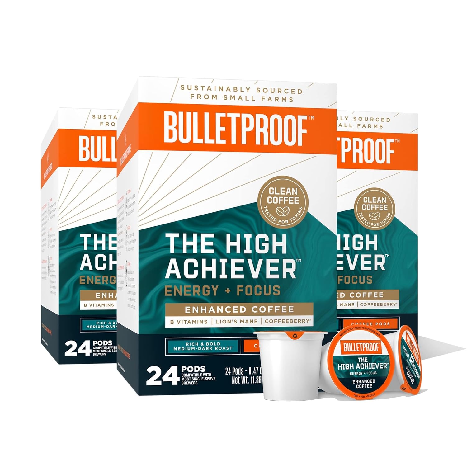 Bulletproof The High Achiever Single-Serve Pods, 10 count, Medium-Dark Roast Enhanced Coffee with Lions Mane Mushroom, B Vitamins, and Adaptogens for Energy and Focus