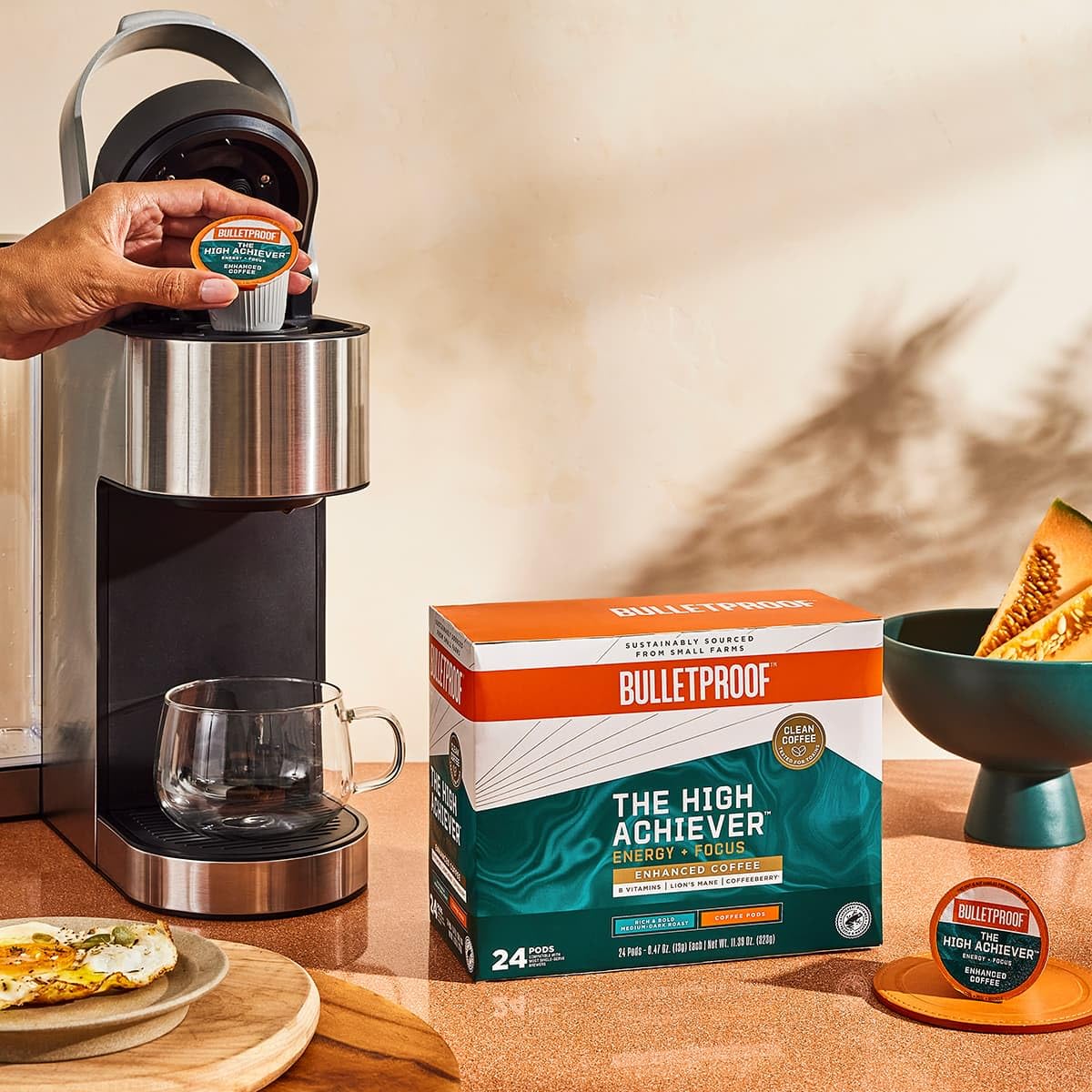 Bulletproof The High Achiever Single-Serve Pods, 10 count, Medium-Dark Roast Enhanced Coffee with Lions Mane Mushroom, B Vitamins, and Adaptogens for Energy and Focus