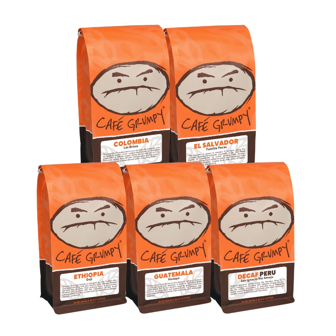 Café Grumpy - The Single Origin Sampler = (1) El Salvador, Guatemala, Colombia, Ethiopia,  Decaf Whole Bean Coffee Bags (12oz)