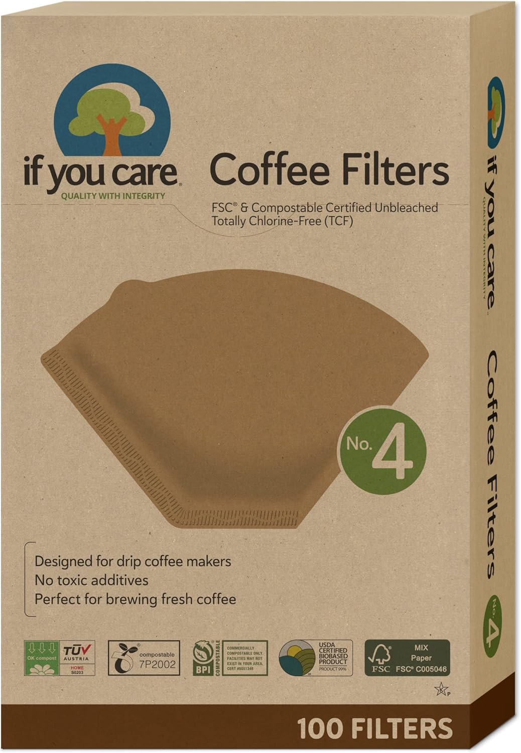If You Care # 4 Cone Shaped Unbleached All Natural Compostable Coffee Filters, 100 Count (Pack of 1), Chlorine Free If You Care # 4 Cone Shaped Unbleached All Natural Compostable Coffee Filters, 100 Count (Pack of 1), Chlorine Free