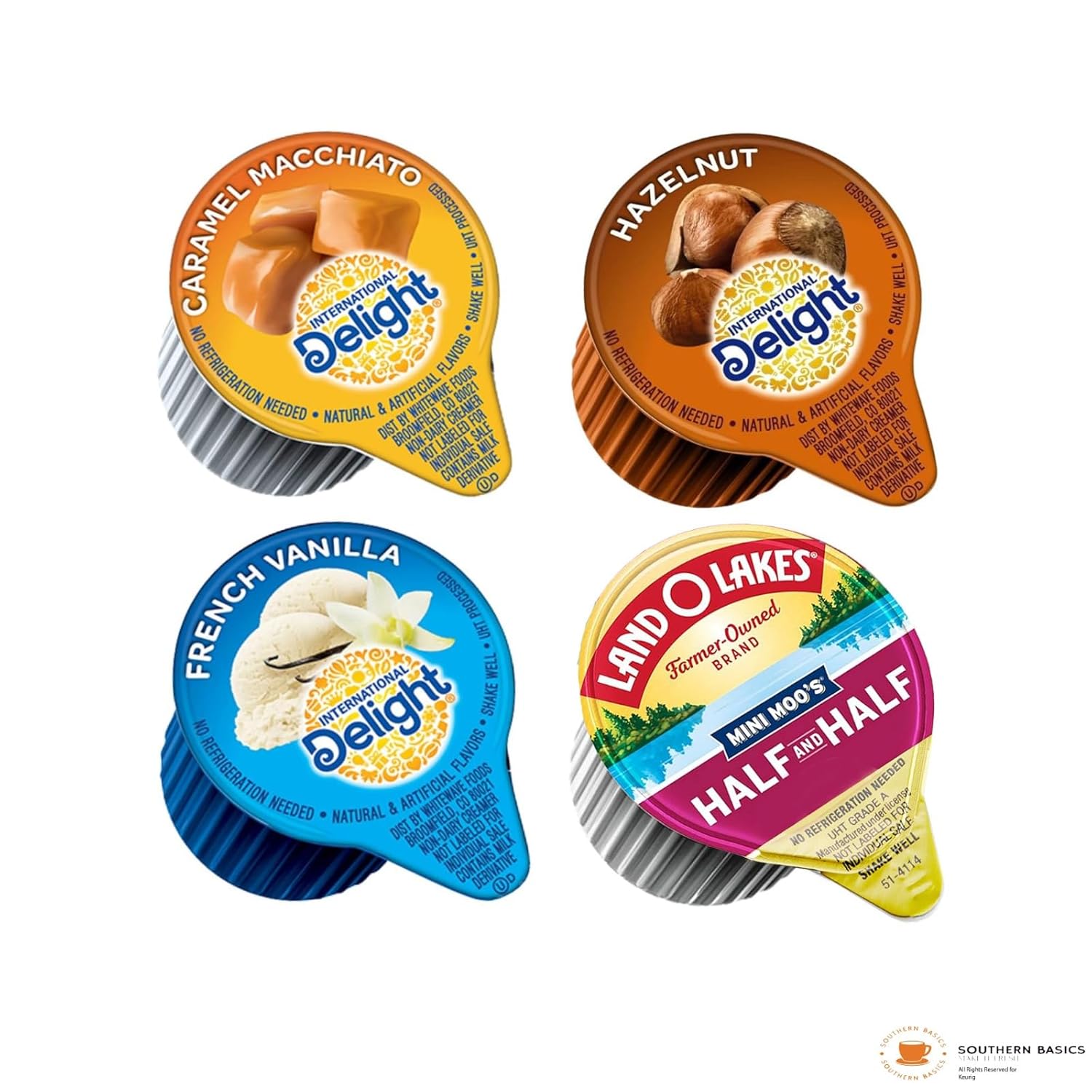 SOUTHERN BASICS Premium Coffee Creamers Liquid Creamer Singles Variety Pack, Caramel Macchiato, French Vanilla, Half-Half Hazelnut - No Refrigeration - Box Of 96 SOUTHERN BASICS Premium Coffee Creamers Liquid Creamer Singles Variety Pack, Caramel Macchiato, French Vanilla, Half-Half Hazelnut - No Refrigeration - Box Of 96