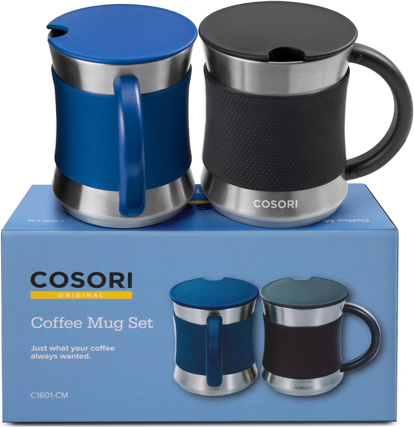 COSORI Coffee Mug with Lids Set of 2, Stainless Steel Cups with Heat-resistant Handle Slip-resistant Sleeve, 17 oz, Best Match w/Mug Warmer, for Coffee,Tea,Water,Cocoa, Milk, C1601-CM, Black Blue COSORI Coffee Mug with Lids Set of 2, Stainless Steel Cups with Heat-resistant Handle Slip-resistant Sleeve, 17 oz, Best Match w/Mug Warmer, for Coffee,Tea,Water,Cocoa, Milk, C1601-CM, Black Blue
