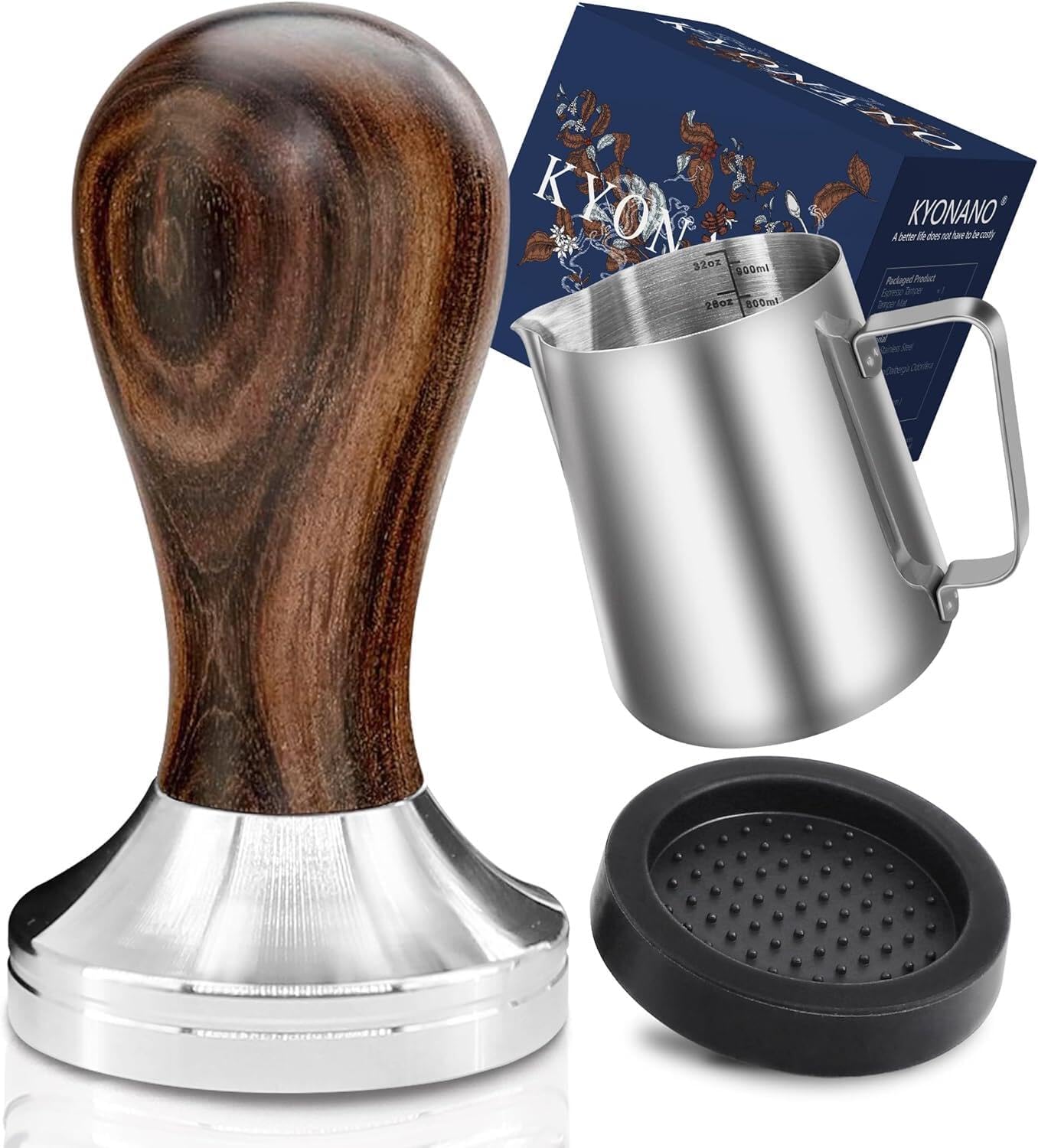 KYONANO Espresso Tamper 51mm - Tamper with Chacate Preto Wood Handle -Coffee Tamper Espresso Press plus Free Milk Frothing Pitcher 350ml, Silicone Tamper Mat -Tamper fits 51mm Delonghi Portafilter KYONANO Espresso Tamper 51mm - Tamper with Chacate Preto Wood Handle -Coffee Tamper Espresso Press plus Free Milk Frothing Pitcher 350ml, Silicone Tamper Mat -Tamper fits 51mm Delonghi Portafilter