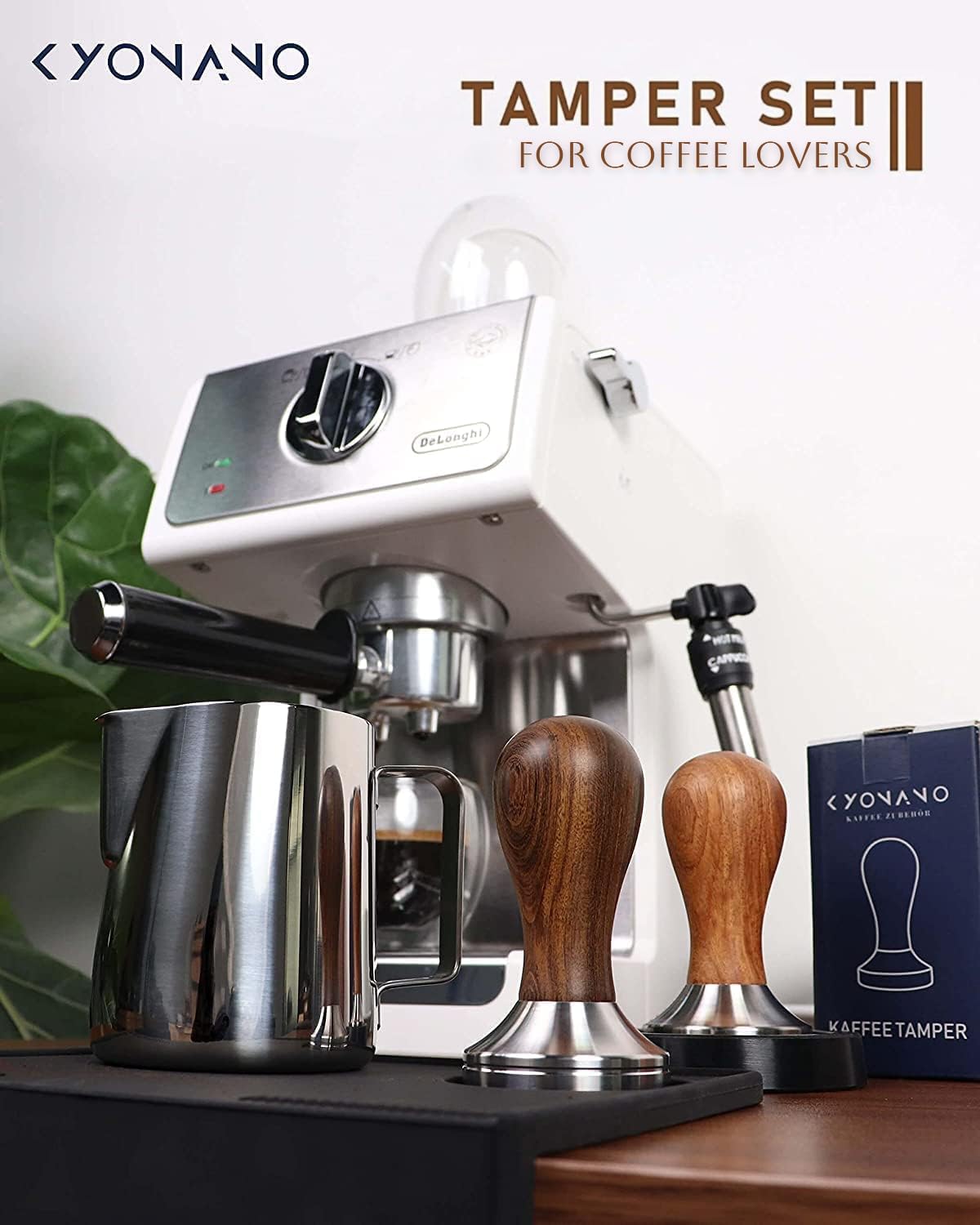 KYONANO Espresso Tamper 51mm - Tamper with Chacate Preto Wood Handle -Coffee Tamper Espresso Press plus Free Milk Frothing Pitcher 350ml, Silicone Tamper Mat -Tamper fits 51mm Delonghi Portafilter KYONANO Espresso Tamper 51mm - Tamper with Chacate Preto Wood Handle -Coffee Tamper Espresso Press plus Free Milk Frothing Pitcher 350ml, Silicone Tamper Mat -Tamper fits 51mm Delonghi Portafilter