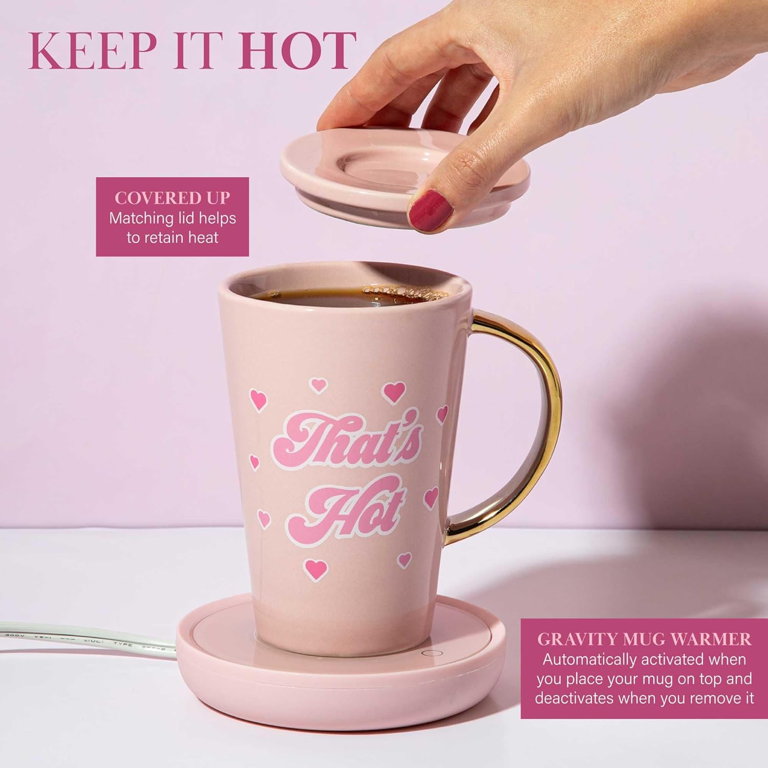 Paris Hilton Electric Mug Warmer Set, Electric Gravity Mug Warmer with 14-Ounce Ceramic Coffee Mug with Lid, Heat Sensitive Color Changing Design, Auto-Shut Off, 3-Piece Set, Pink and Gold Paris Hilton Electric Mug Warmer Set, Electric Gravity Mug Warmer with 14-Ounce Ceramic Coffee Mug with Lid, Heat Sensitive Color Changing Design, Auto-Shut Off, 3-Piece Set, Pink and Gold