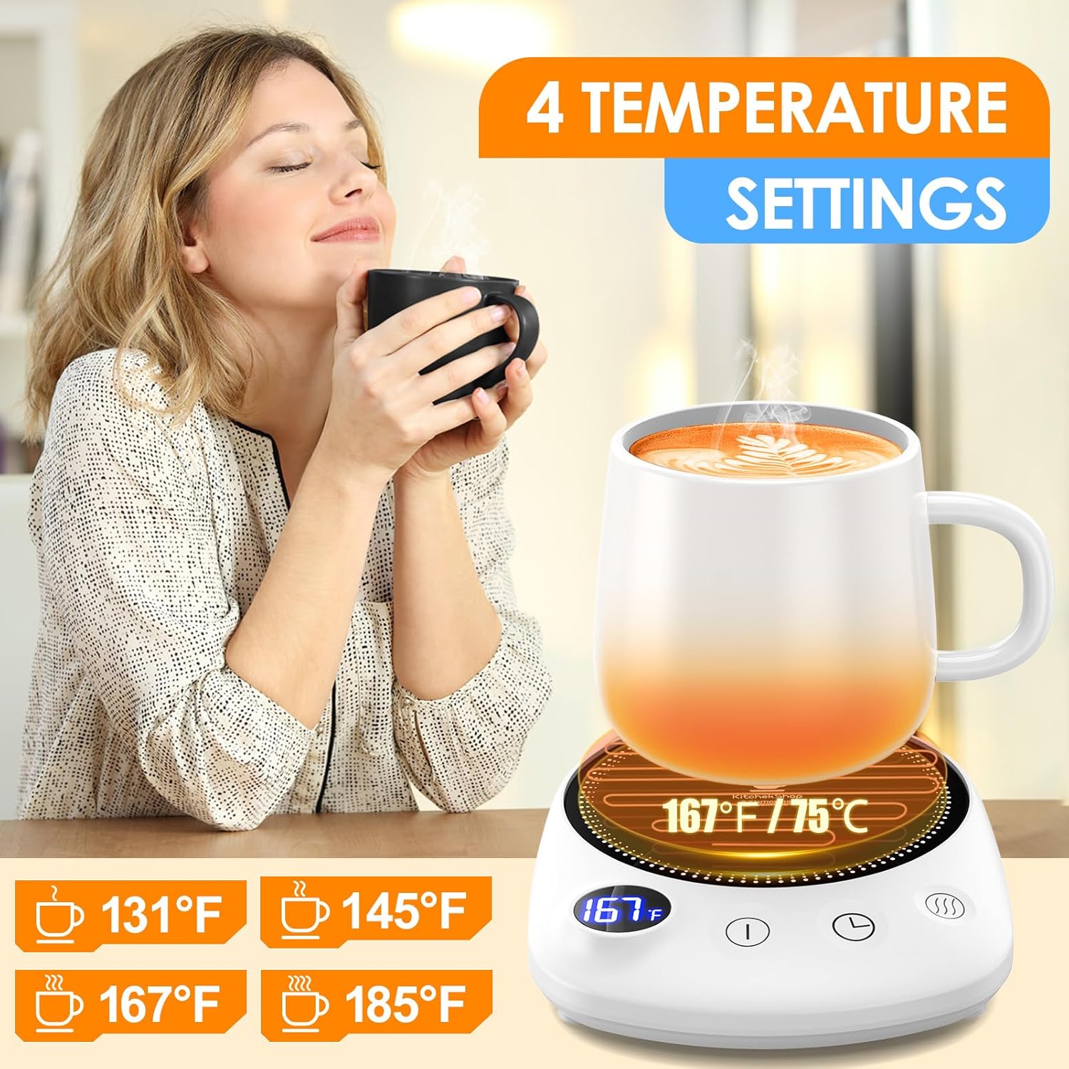 Coffee Mug Warmer - Fastest Heating Highest Temperature, Coffee Cup Warmer for Desk Auto Shut Off, 4 Temp Settings 1-12H Timer, Smart Electric Beverage Warmer for Coffee Candle (White) Coffee Mug Warmer - Fastest Heating Highest Temperature, Coffee Cup Warmer for Desk Auto Shut Off, 4 Temp Settings 1-12H Timer, Smart Electric Beverage Warmer for Coffee Candle (White)