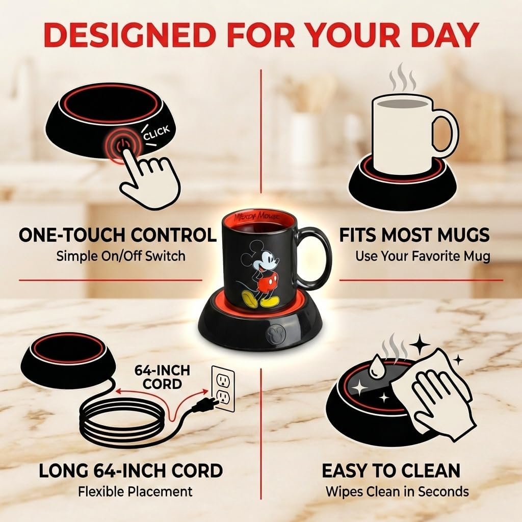 Disney Mickey Mouse Mug Warmer with 12 oz Mug by Select Brands - Coffee Cup Warmer with Ceramic Mug Included - Electric Warmer Plate for Home Office - Disney Kitchen Accessories - Mickey Mouse Disney Mickey Mouse Mug Warmer with 12 oz Mug by Select Brands - Coffee Cup Warmer with Ceramic Mug Included - Electric Warmer Plate for Home Office - Disney Kitchen Accessories - Mickey Mouse