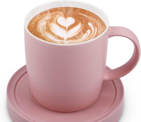 BESTINNKITS Smart Coffee Set Auto On/Off Gravity-induction Mug Office Desk Use, Candle Wax Cup Warmer Heating Plate (Up To 131F/55C), 14oz (Pink Set)