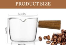 Mwellewm Single Spout Espresso Coffee Shot Glass with Wood Handle Measuring Cup Triple Pitcher Milk Cup Coffee Replacement Carafe for Barista Coffee Carafe Milk Espresso Making, 75 ml (2 Pieces)