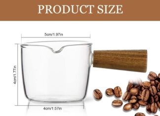 Mwellewm Single Spout Espresso Coffee Shot Glass with Wood Handle Measuring Cup Triple Pitcher Milk Cup Coffee Replacement Carafe for Barista Coffee Carafe Milk Espresso Making, 75 ml (2 Pieces)
