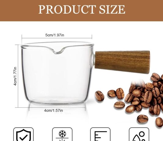 Mwellewm Single Spout Espresso Coffee Shot Glass with Wood Handle Measuring Cup Triple Pitcher Milk Cup Coffee Replacement Carafe for Barista Coffee Carafe Milk Espresso Making, 75 ml (2 Pieces)