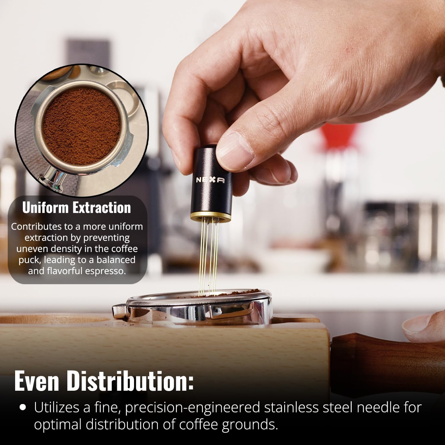 NEXA 53mm Espresso Coffee Self-Leveling tamper press, Spring Loaded 30lbs Calibration, barista-perfect flat stainless steel base, needles 0.4mm WDT distribution tool NEXA 53mm Espresso Coffee Self-Leveling tamper press, Spring Loaded 30lbs Calibration, barista-perfect flat stainless steel base, needles 0.4mm WDT distribution tool