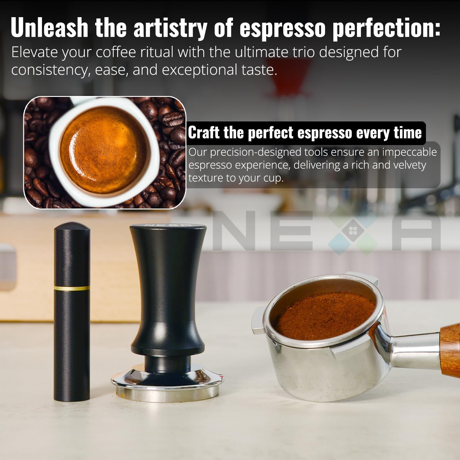 NEXA 53mm Espresso Coffee Self-Leveling tamper press, Spring Loaded 30lbs Calibration, barista-perfect flat stainless steel base, needles 0.4mm WDT distribution tool NEXA 53mm Espresso Coffee Self-Leveling tamper press, Spring Loaded 30lbs Calibration, barista-perfect flat stainless steel base, needles 0.4mm WDT distribution tool