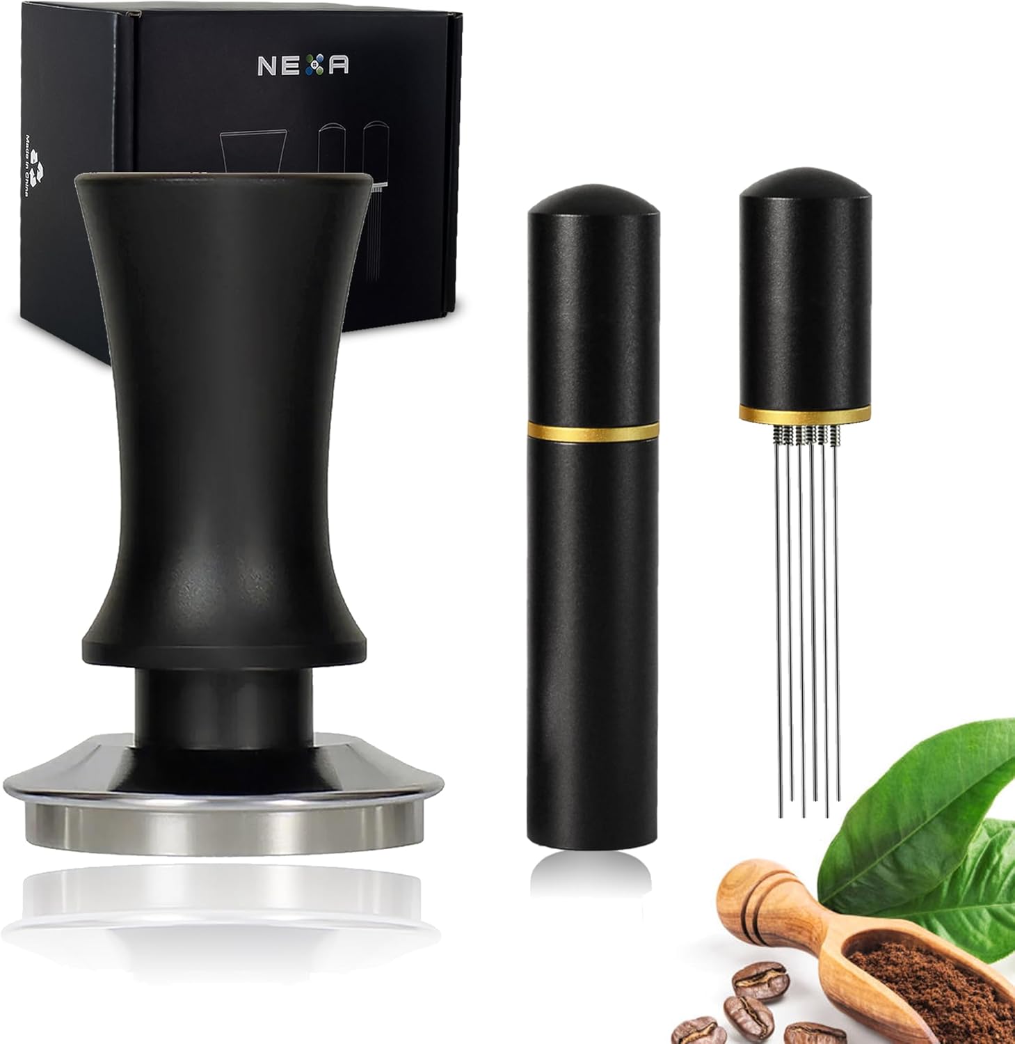 NEXA 53mm Espresso Coffee Self-Leveling tamper press, Spring Loaded 30lbs Calibration, barista-perfect flat stainless steel base, needles 0.4mm WDT distribution tool NEXA 53mm Espresso Coffee Self-Leveling tamper press, Spring Loaded 30lbs Calibration, barista-perfect flat stainless steel base, needles 0.4mm WDT distribution tool