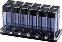 Normcore Single Dose Coffee Bean Storage Containers – 12 Tubes Espresso Bean Cellars with Stand & Hopper – One-Way Exhaust Valve – Capacity 25-28g – Lt Smoke Grey
