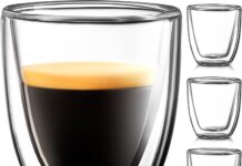 Glass Espresso Cups Set of 4 – Double Walled Espresso Cup 2.7 OZ – Wide Italian Style Clear Doppio Espresso Cup – Double Espresso Cups – Espresso Accessories Small Double Wall Expresso Coffee Cup