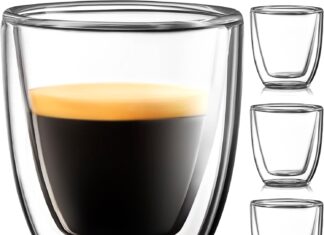 Glass Espresso Cups Set of 4 – Double Walled Espresso Cup 2.7 OZ – Wide Italian Style Clear Doppio Espresso Cup – Double Espresso Cups – Espresso Accessories Small Double Wall Expresso Coffee Cup