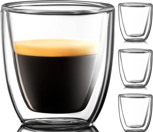Glass Espresso Cups Set of 4 – Double Walled Espresso Cup 2.7 OZ – Wide Italian Style Clear Doppio Espresso Cup – Double Espresso Cups – Espresso Accessories Small Double Wall Expresso Coffee Cup