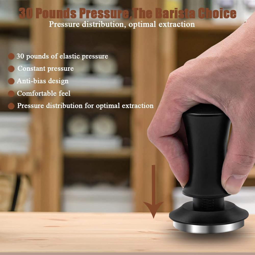 JacoJe Coffee 51mm Espresso Tamper, Espresso Accessorie Kit, Spring-Loaded WDT Barista Tool Calibrated (30 lb) 100% Stainless Steel Flat Base Tamper for Espresso Machine with Silicone Pad and Brush JacoJe Coffee 51mm Espresso Tamper, Espresso Accessorie Kit, Spring-Loaded WDT Barista Tool Calibrated (30 lb) 100% Stainless Steel Flat Base Tamper for Espresso Machine with Silicone Pad and Brush