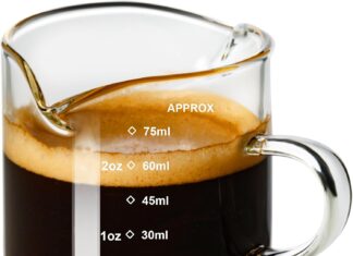 PARACITY Espresso Cup with Handle, 2.5 OZ Double Spout Clear Glass Measuring Cup with Dual Scale, Espresso Shot Glass with V-Shaped Mouth, Espresso Accessories(1 pack)