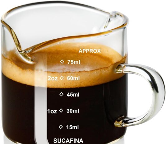 PARACITY Espresso Cup with Handle, 2.5 OZ Double Spout Clear Glass Measuring Cup with Dual Scale, Espresso Shot Glass with V-Shaped Mouth, Espresso Accessories(1 pack)